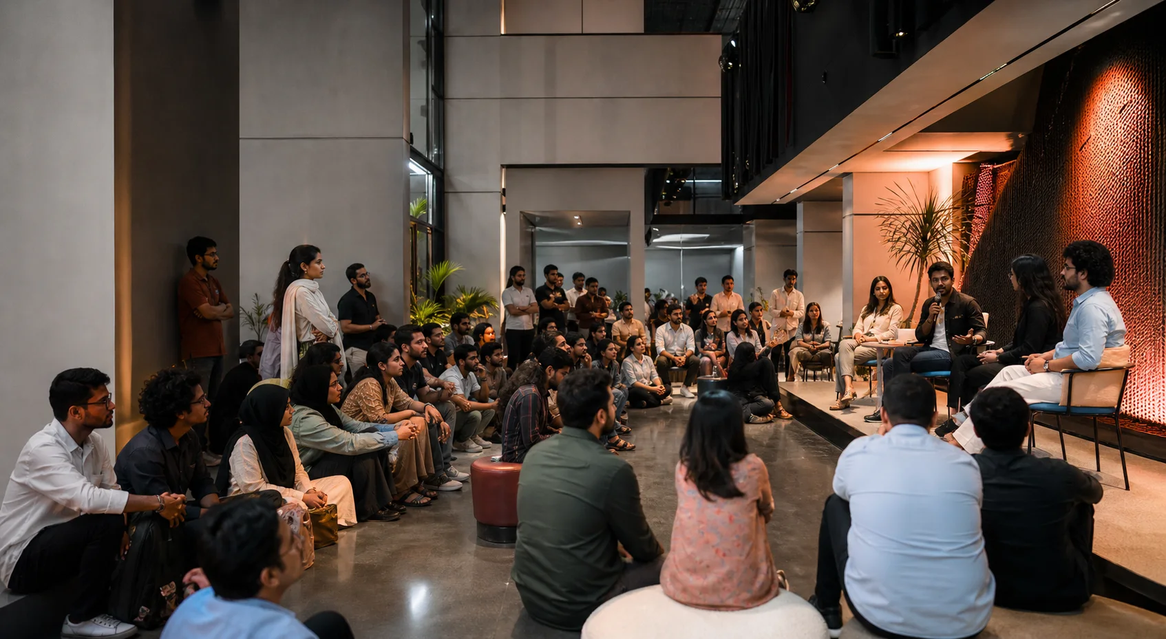 A community listening to speakers at a contemporary event in Dhaka